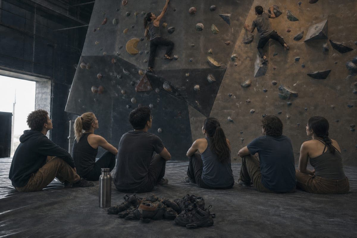 Six people sitting on mats at the foot of a climbing wall, watching two climbers on the holds above