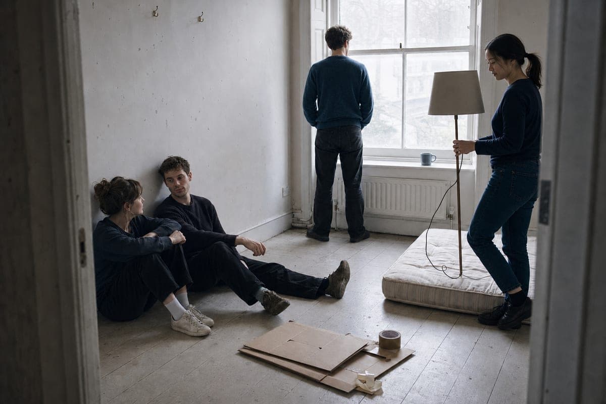 Four people in an emptied flat with bare floorboards — two sitting against the wall, one at the window, one carrying a lamp