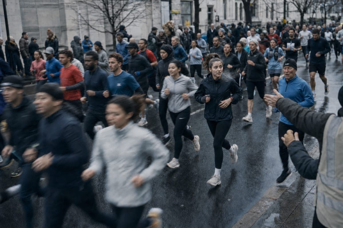 A dense field of runners moving through a wet grey city street on a cold morning, most of them blurred by movement