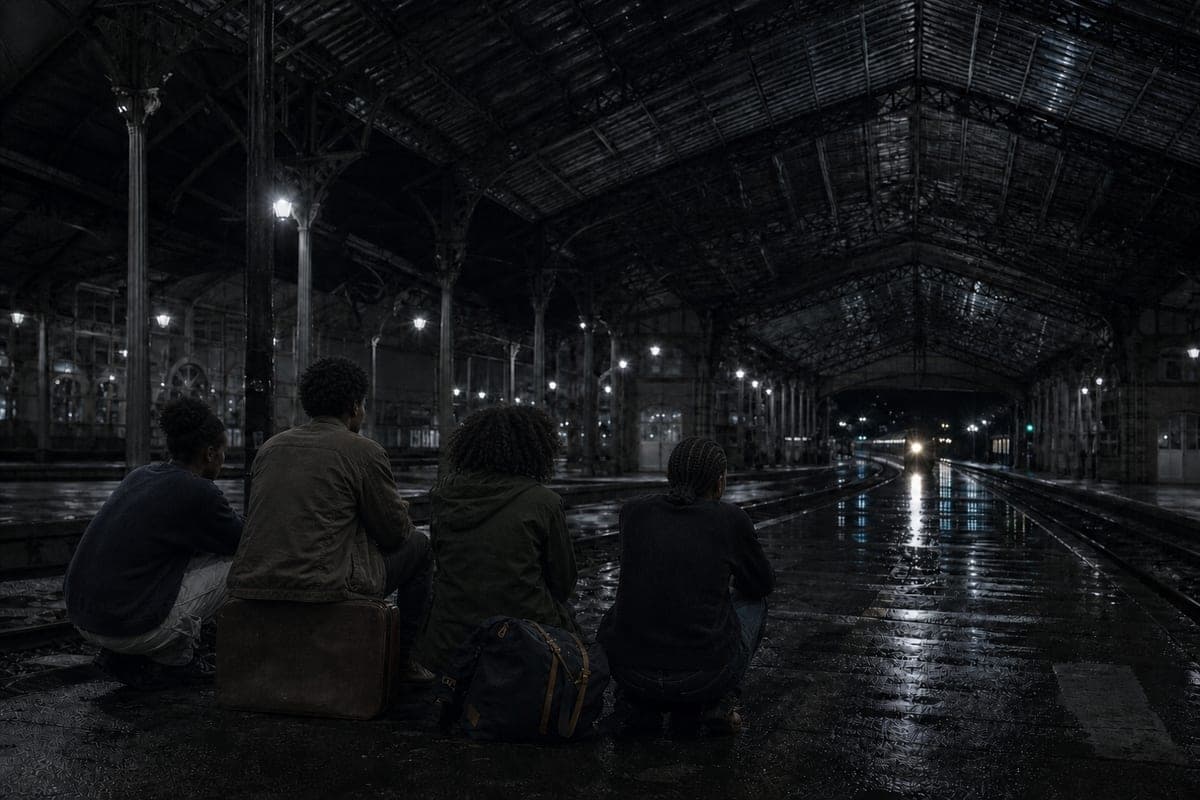 Four people sitting with their bags on a wet platform at night, beneath the ironwork of a large station roof