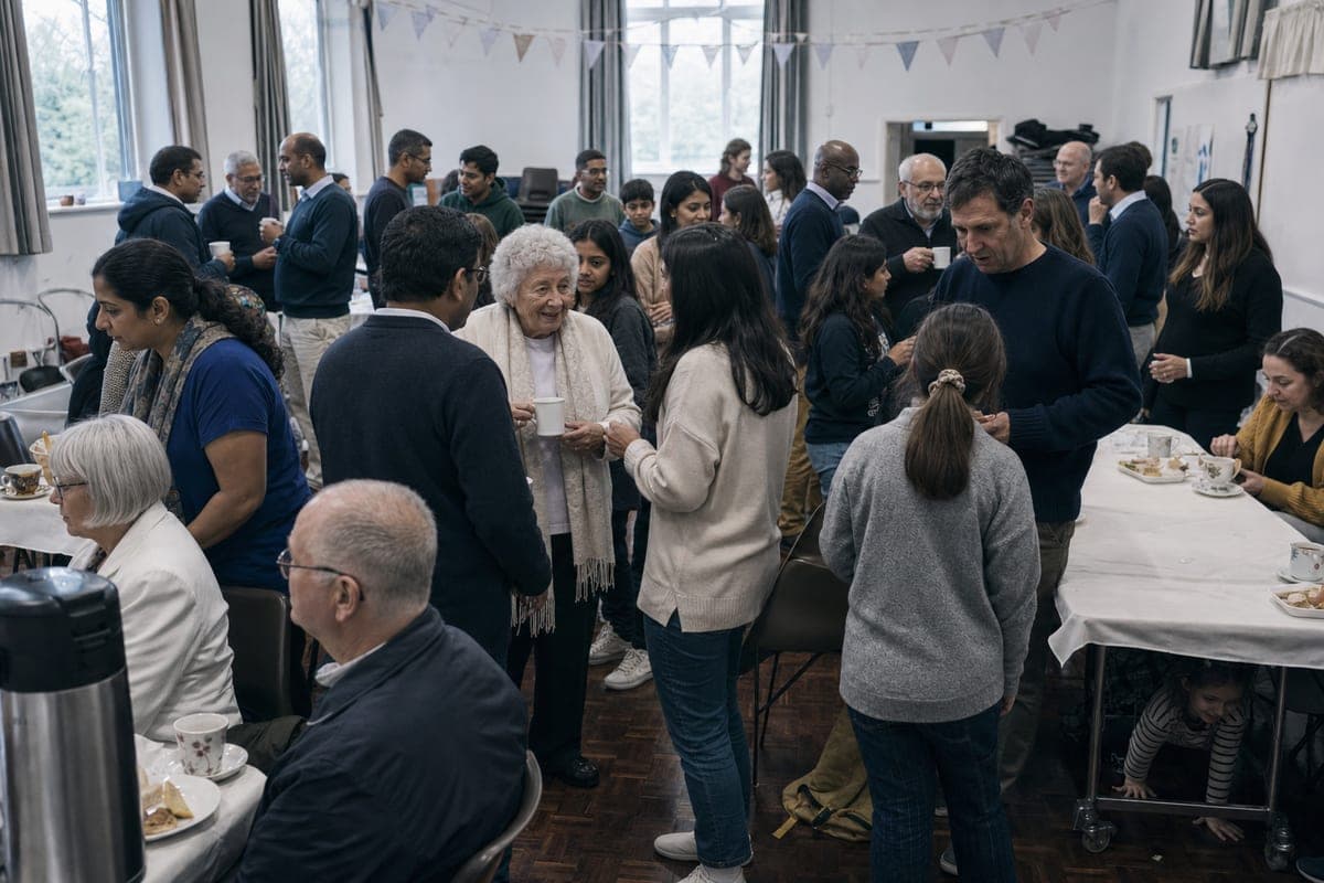 A crowded village hall party — long tables, cups of tea, and people of every age standing and talking
