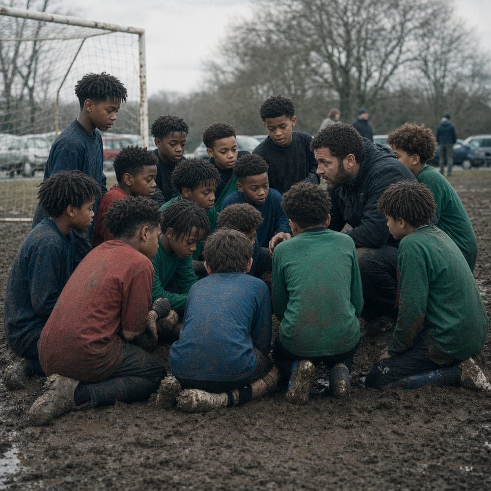 A children's football team huddled around a crouching coach on a muddy winter pitch